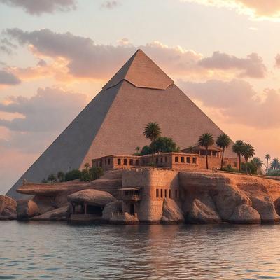 The primary subject of the image is a large, ancient Egyptian-style pyramid, which is situated on a rocky island in the middle of a body of water. The setting is a serene, natural environment with a sunset in the background, creating a peaceful and picturesque atmosphere. The visual style of the image is a combination of photo and digital art, giving it a unique and artistic appearance. The dominant colors in the image are earth tones, such as brown, beige, and orange, which are characteristic